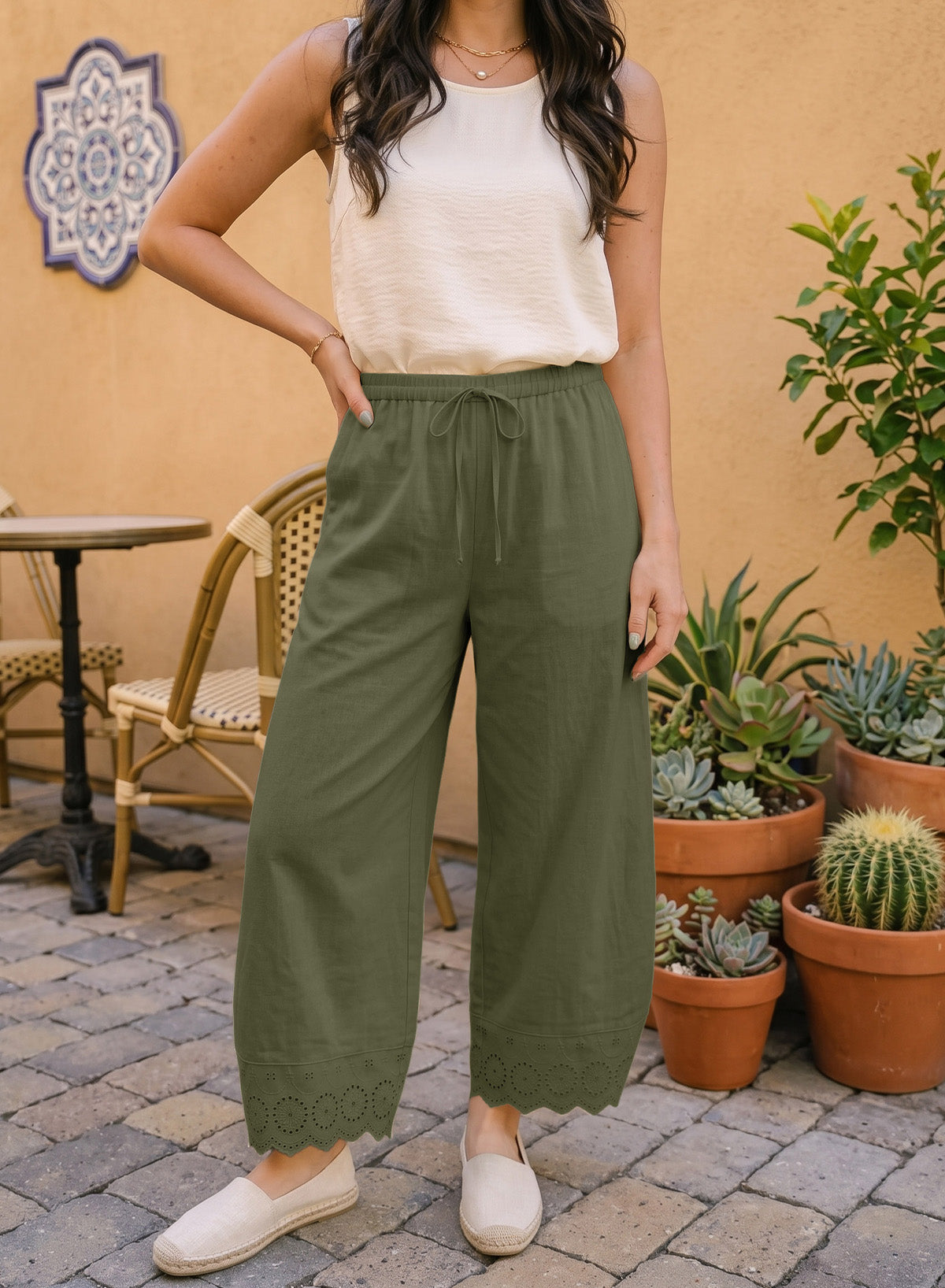 Dokotoo Cotton Harem Pants Women Wide Leg Flowy Casual Palazzo Trousers