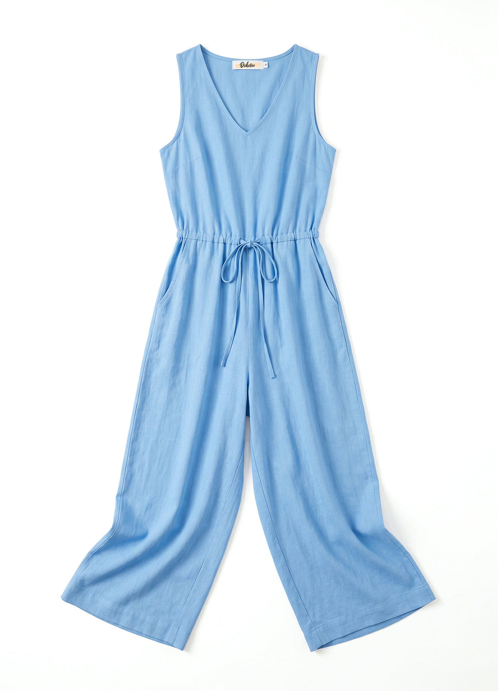 DOKOTOO Women's Linen Sleeveless Jumpsuit V Neck Drawstring Waist Cropped Wide Leg Jumpsuits with Pockets Casual Summer Romper Pants
