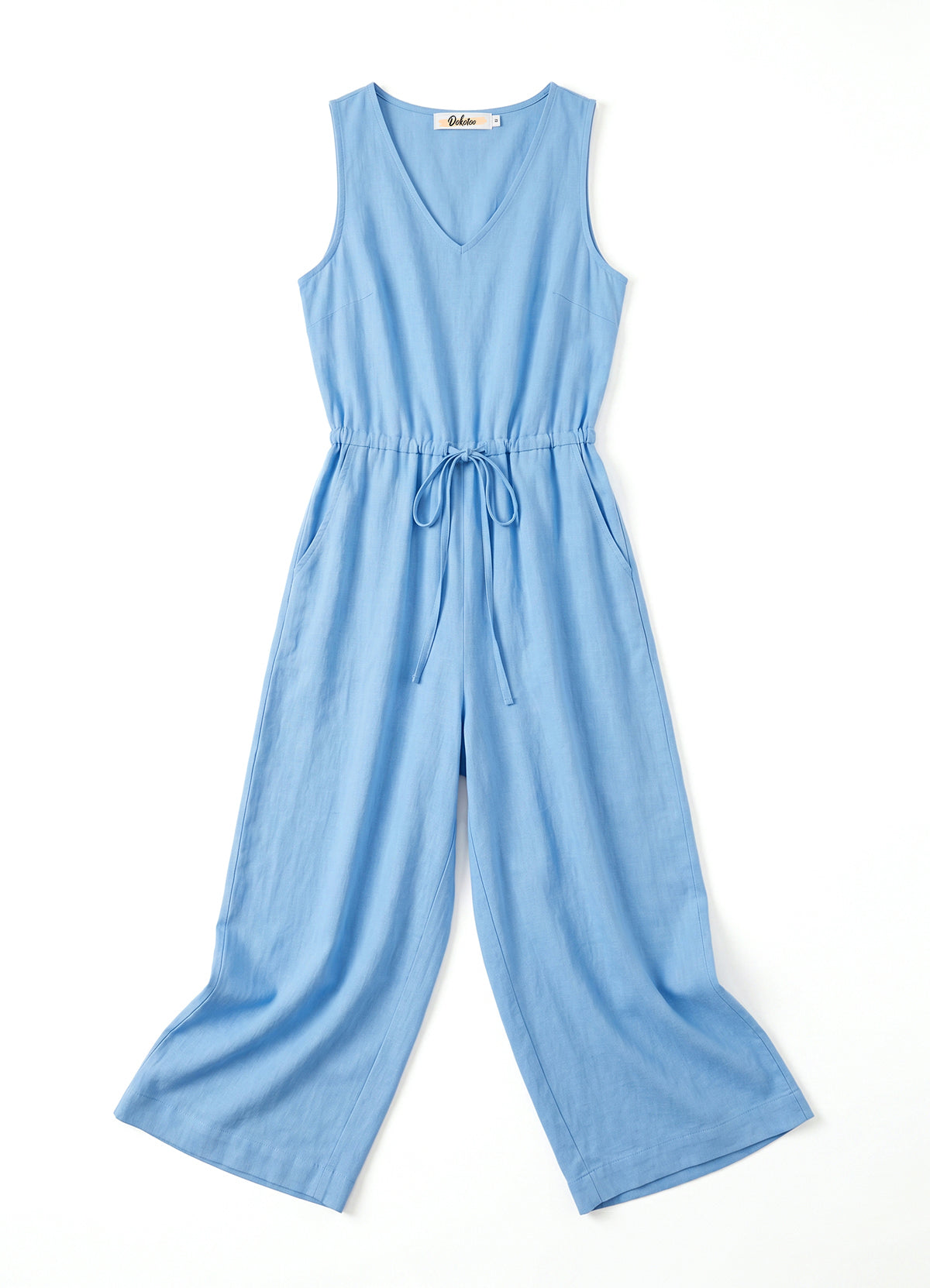 DOKOTOO Women's Linen Sleeveless Jumpsuit V Neck Drawstring Waist Cropped Wide Leg Jumpsuits with Pockets Casual Summer Romper Pants