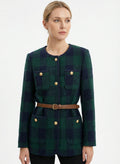 DOKOTOO Women's Green Black Plaid Tweed Jacket with Belt, Round Neck Gold Button Wool Blend Blazer, Casual Elegant Work Outerwear