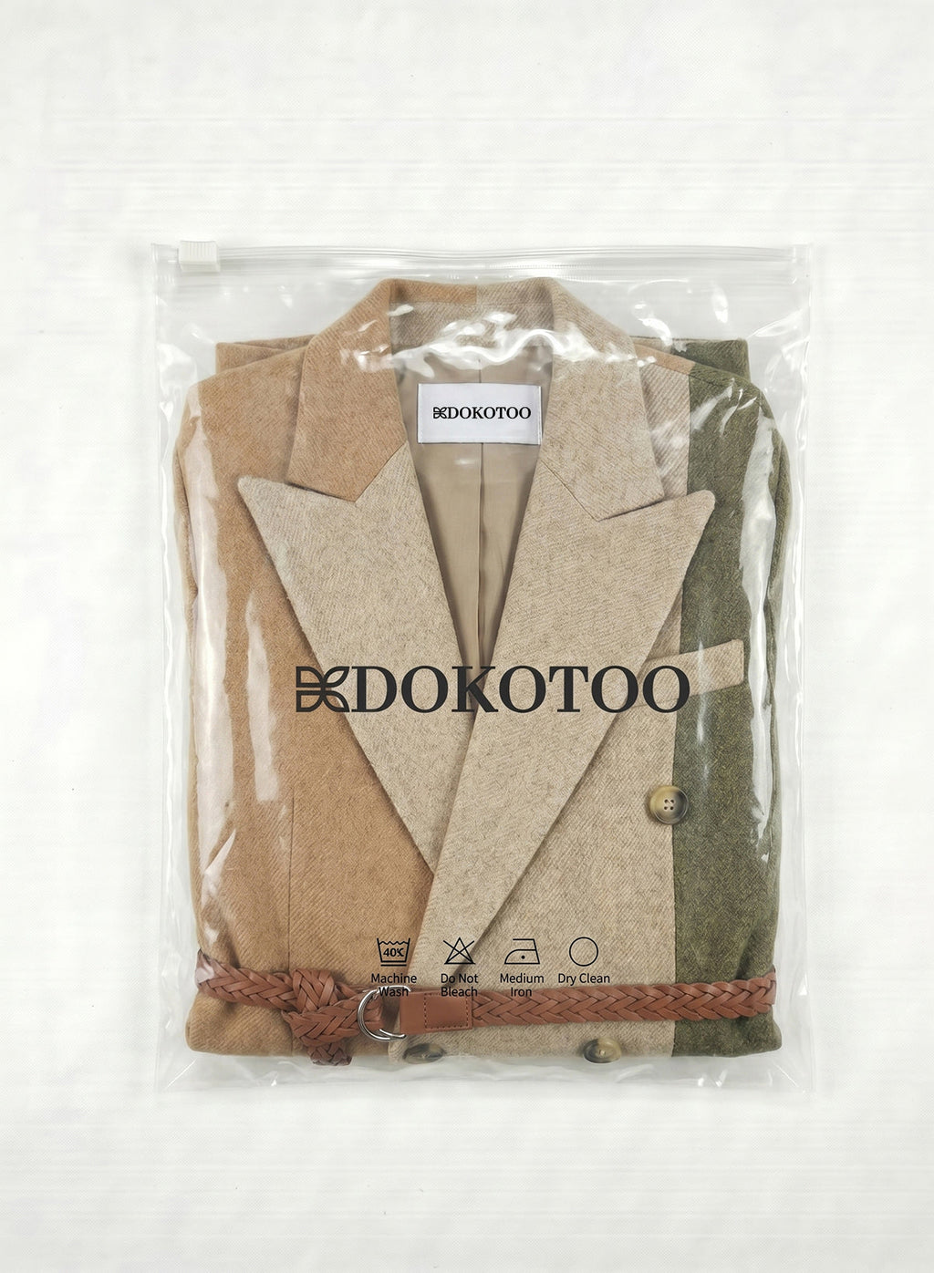 DOKOTOO Women's Color Block Double Breasted Blazer with Belt, Asymmetrical Hem Wool Blend Business Casual Suit Jacket for Office Work