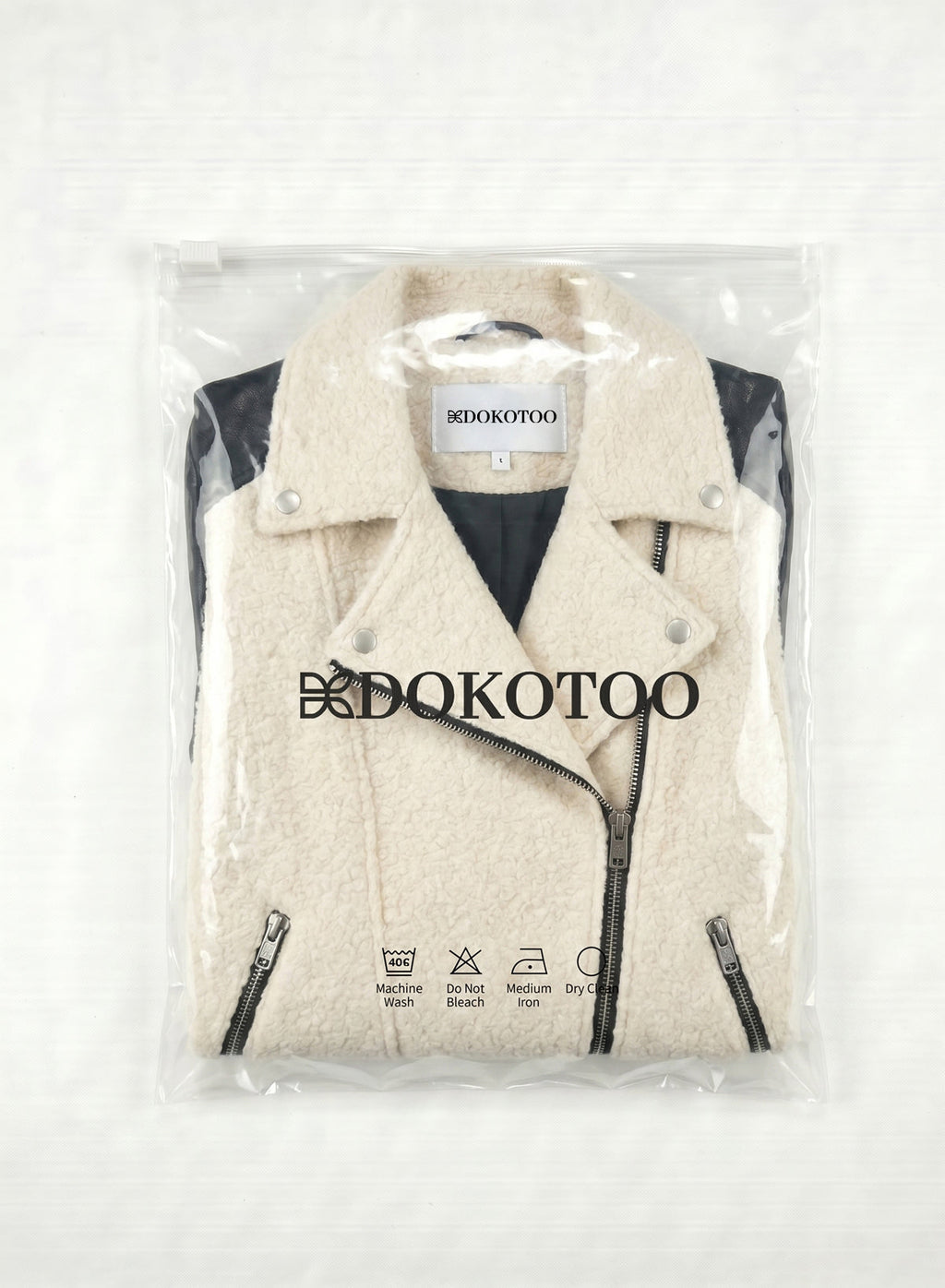 DOKOTOO Women's Sherpa Fleece Moto Jacket with Faux Leather Sleeves, Asymmetrical Zip Biker Coat, Casual Winter Outerwear