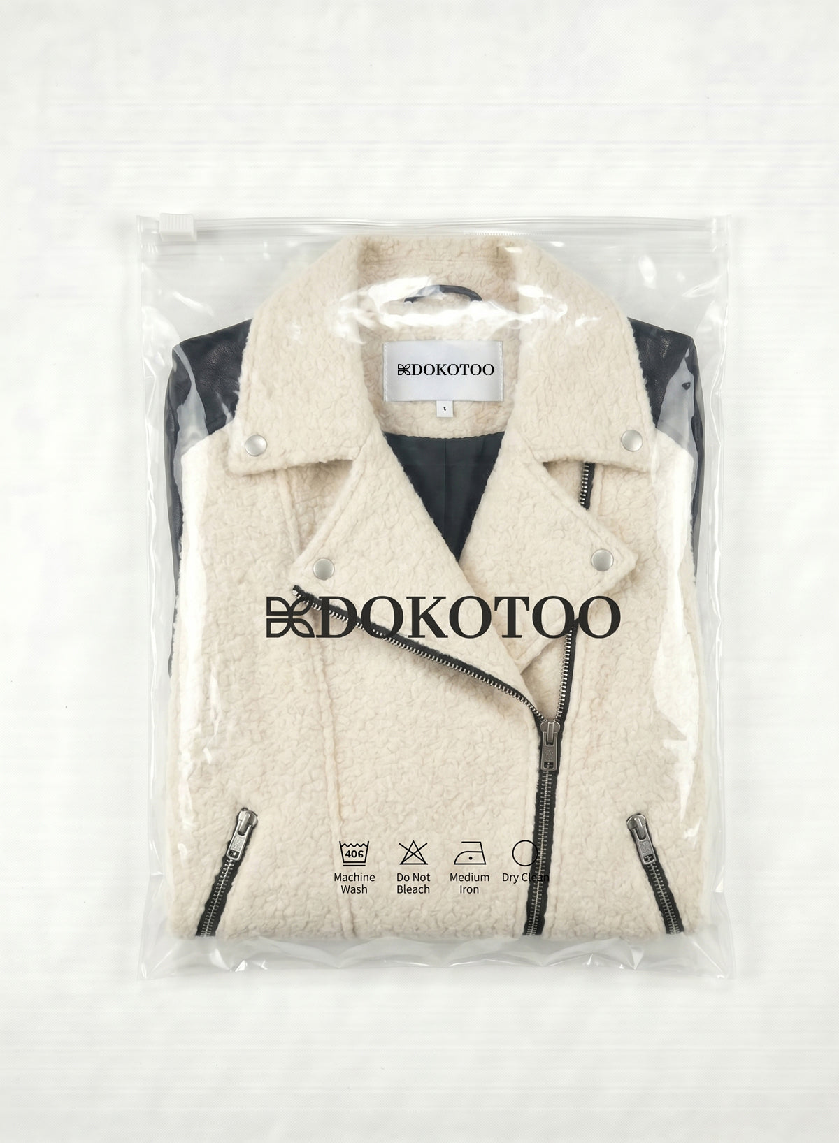 DOKOTOO Women's Sherpa Fleece Moto Jacket with Faux Leather Sleeves, Asymmetrical Zip Biker Coat, Casual Winter Outerwear