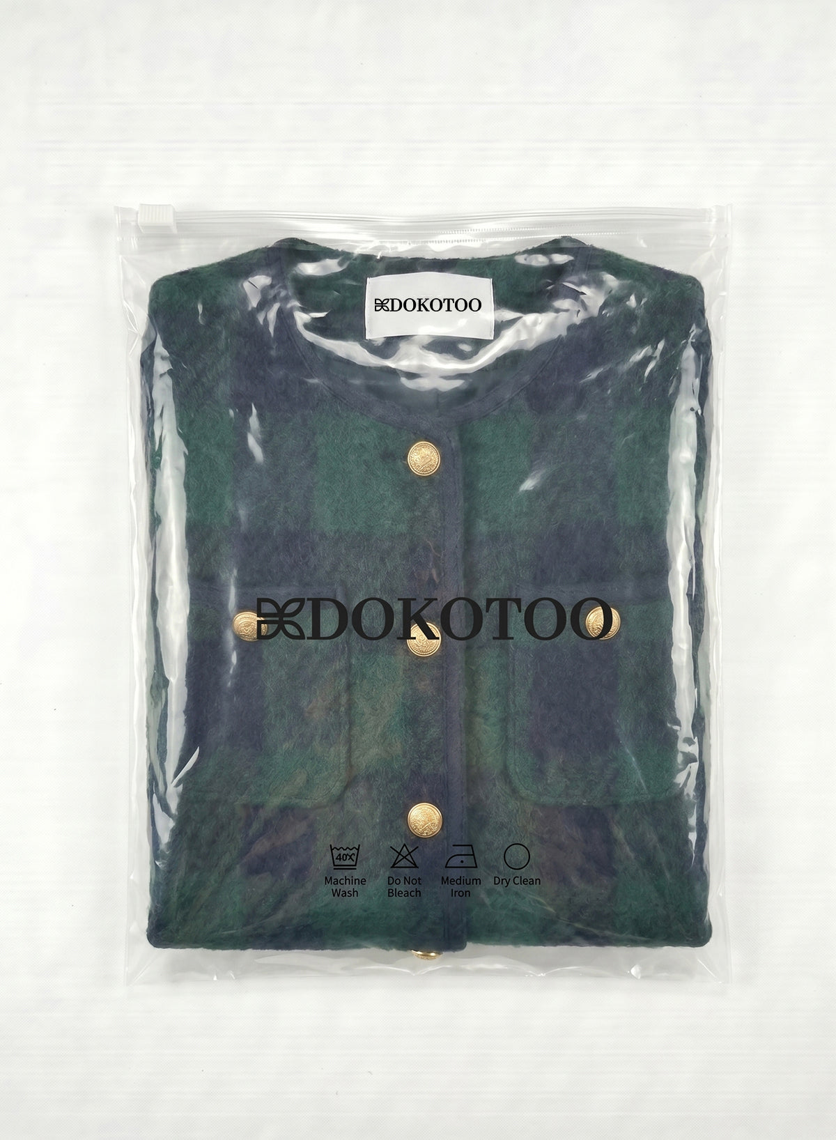 DOKOTOO Women's Green Black Plaid Tweed Jacket with Belt, Round Neck Gold Button Wool Blend Blazer, Casual Elegant Work Outerwear