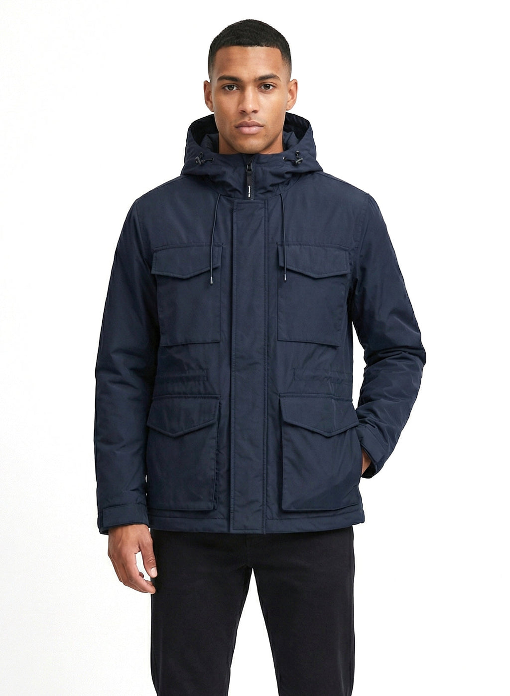 DOKOTOO Men's Navy Blue Hooded Utility Jacket, Water Resistant Multi Pocket Windbreaker, Casual Outdoor Workwear Coat