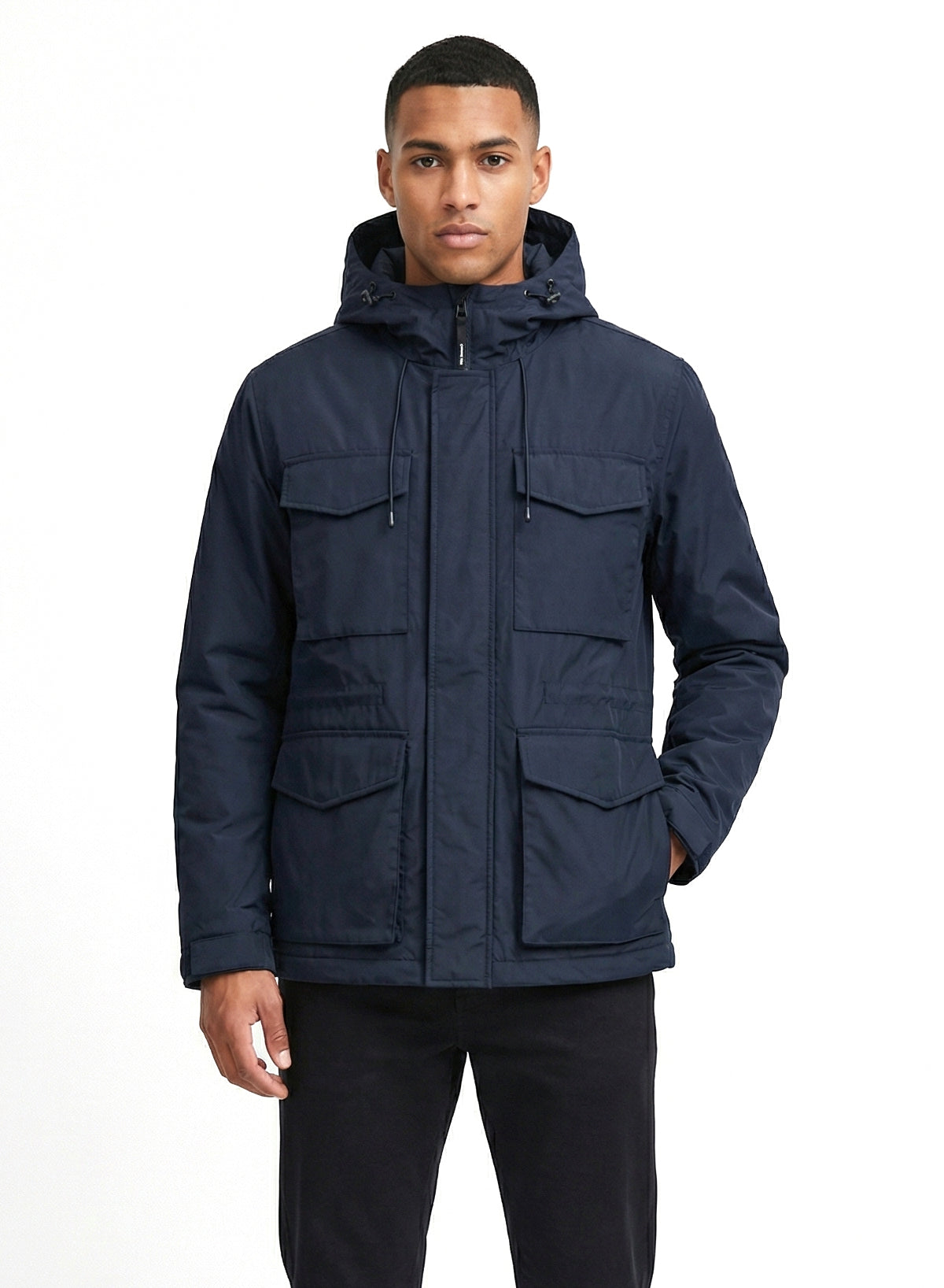 DOKOTOO Men's Navy Blue Hooded Utility Jacket, Water Resistant Multi Pocket Windbreaker, Casual Outdoor Workwear Coat