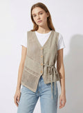 DOKOTOO Women's Linen Crochet Patchwork Vest, V Neck Button Down Sleeveless Waistcoat with Tie, Casual Boho Summer Top