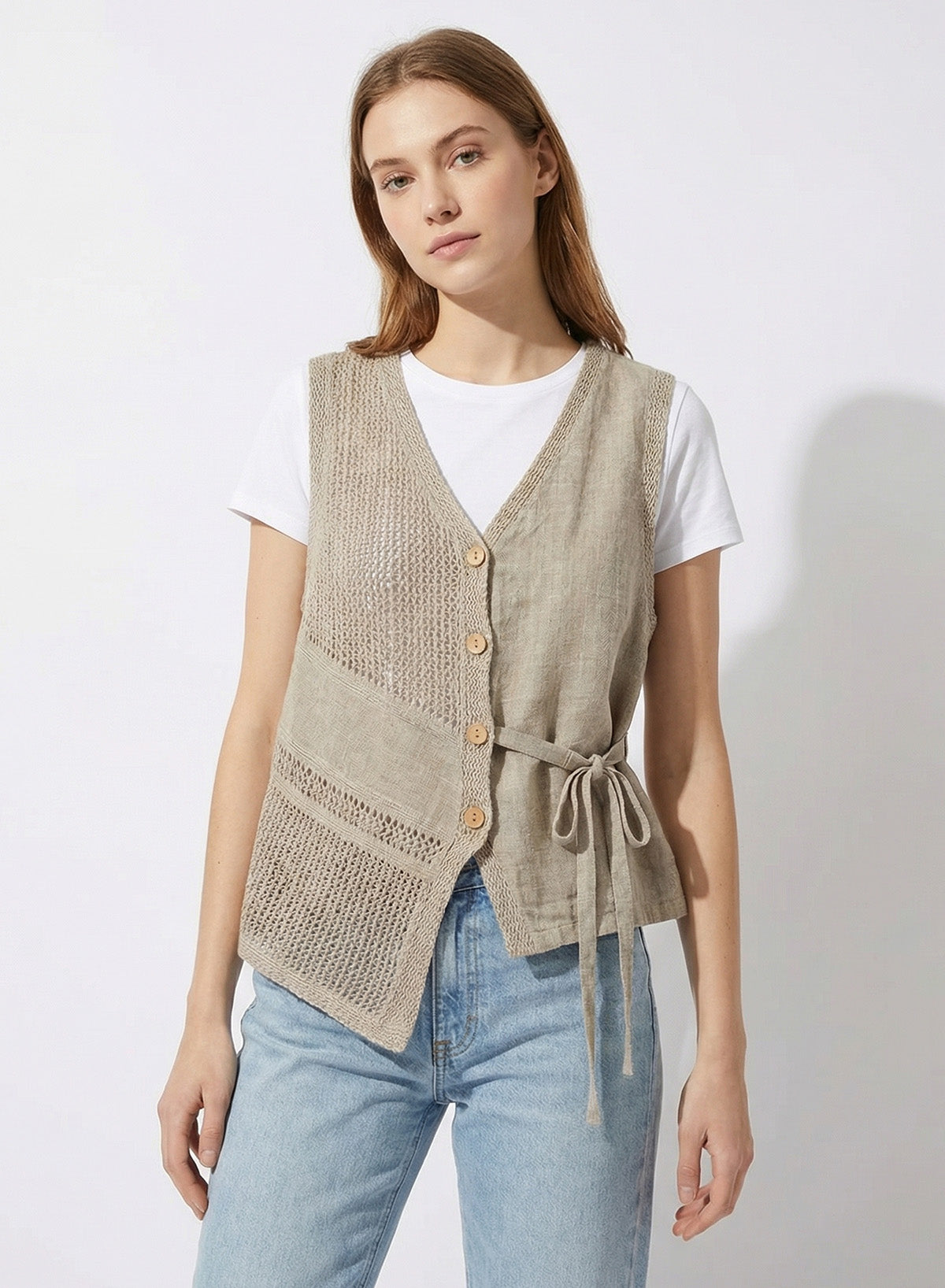 DOKOTOO Women's Linen Crochet Patchwork Vest, V Neck Button Down Sleeveless Waistcoat with Tie, Casual Boho Summer Top