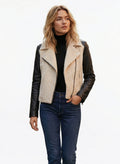 DOKOTOO Women's Sherpa Fleece Moto Jacket with Faux Leather Sleeves, Asymmetrical Zip Biker Coat, Casual Winter Outerwear