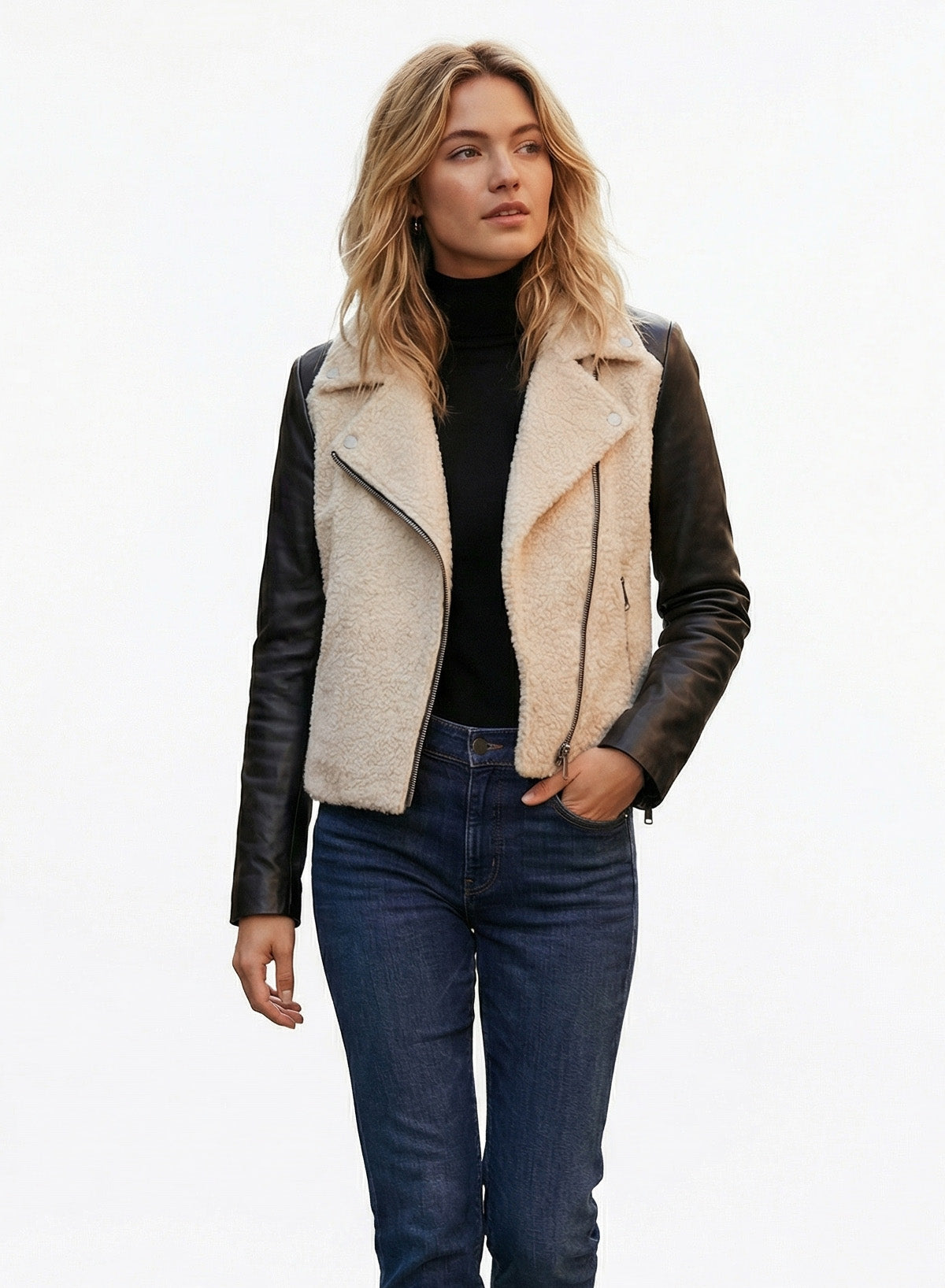 DOKOTOO Women's Sherpa Fleece Moto Jacket with Faux Leather Sleeves, Asymmetrical Zip Biker Coat, Casual Winter Outerwear