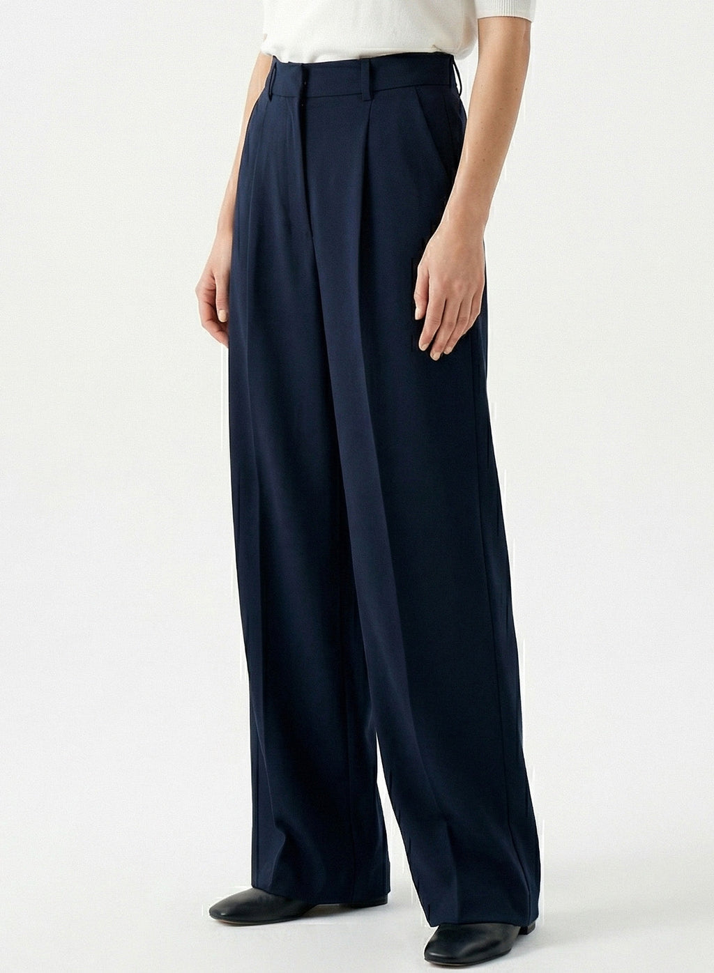 DOKOTOO Women's High Waisted Wide Leg Dress Pants, Navy Blue Pleated Straight Leg Trousers with Pockets, Business Casual Work Office Pants