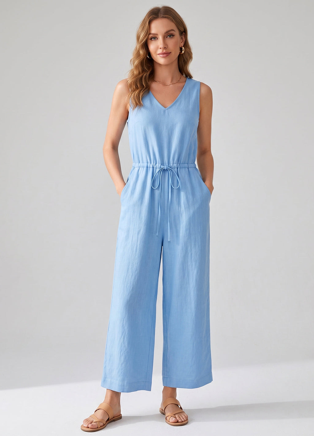 DOKOTOO Women's Linen Sleeveless Jumpsuit V Neck Drawstring Waist Cropped Wide Leg Jumpsuits with Pockets Casual Summer Romper Pants
