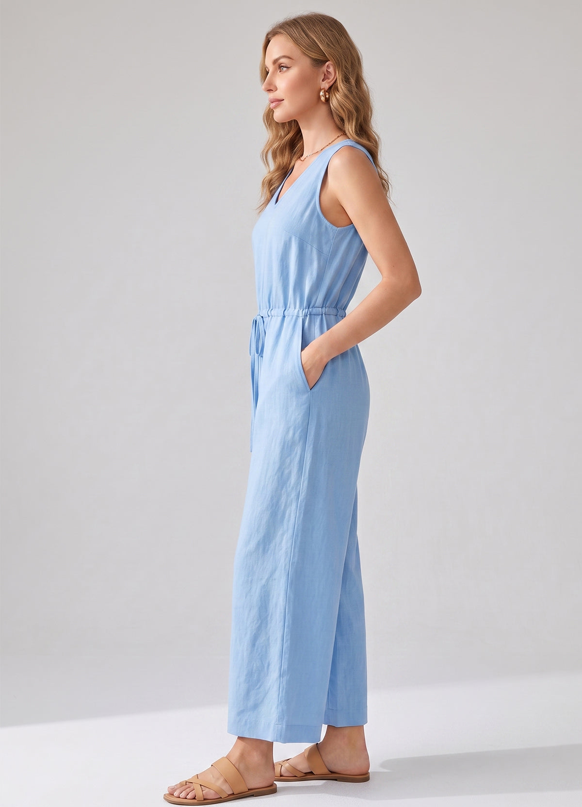 DOKOTOO Women's Linen Sleeveless Jumpsuit V Neck Drawstring Waist Cropped Wide Leg Jumpsuits with Pockets Casual Summer Romper Pants