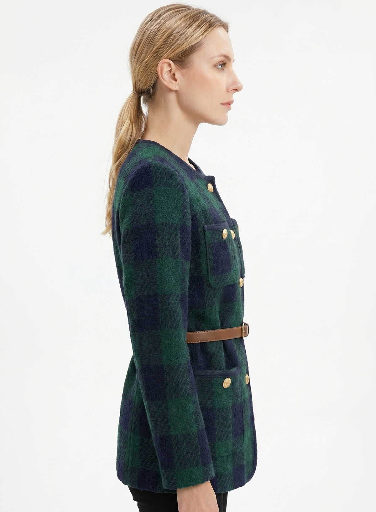 DOKOTOO Women's Green Black Plaid Tweed Jacket with Belt, Round Neck Gold Button Wool Blend Blazer, Casual Elegant Work Outerwear