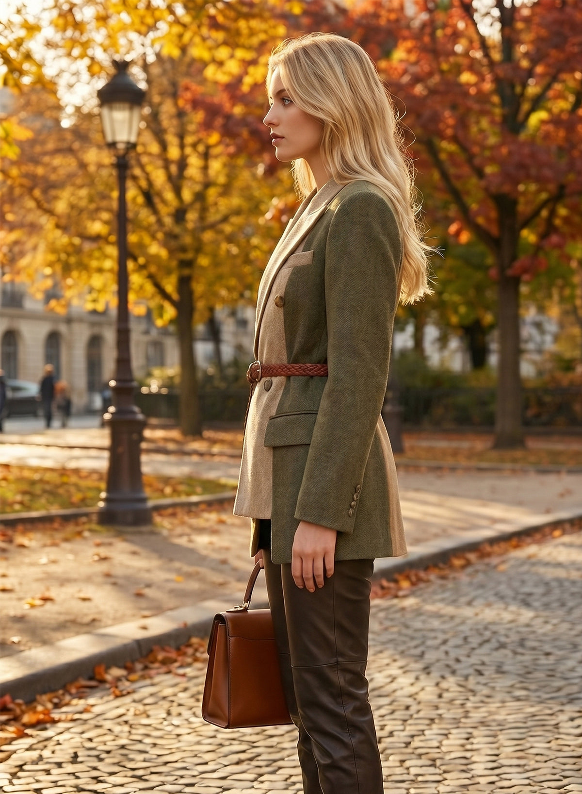 DOKOTOO Women's Color Block Double Breasted Blazer with Belt, Asymmetrical Hem Wool Blend Business Casual Suit Jacket for Office Work