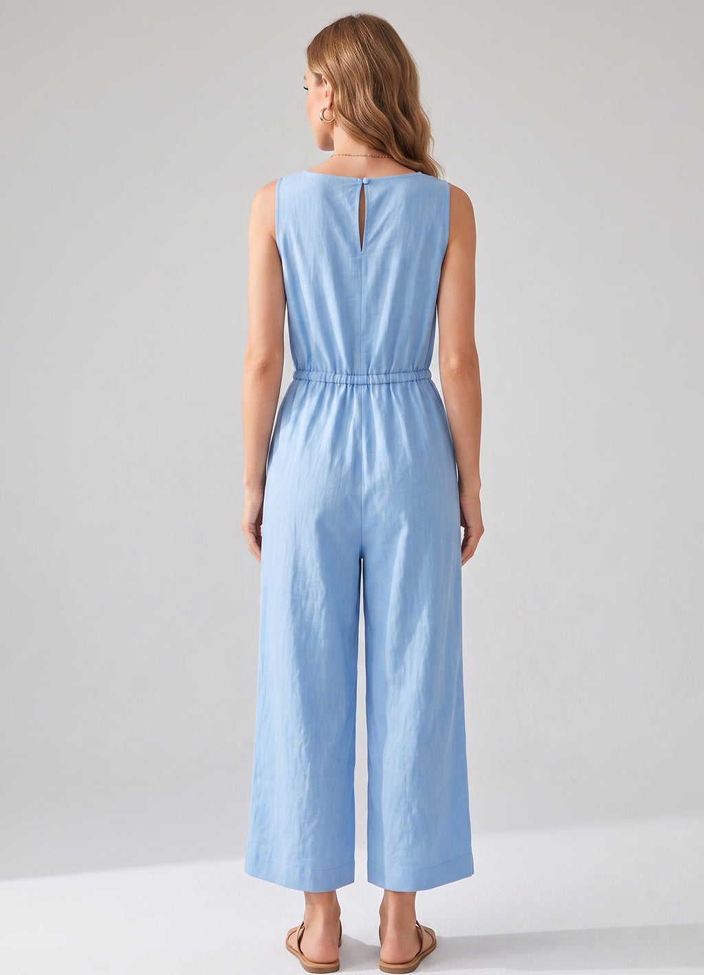 DOKOTOO Women's Linen Sleeveless Jumpsuit V Neck Drawstring Waist Cropped Wide Leg Jumpsuits with Pockets Casual Summer Romper Pants