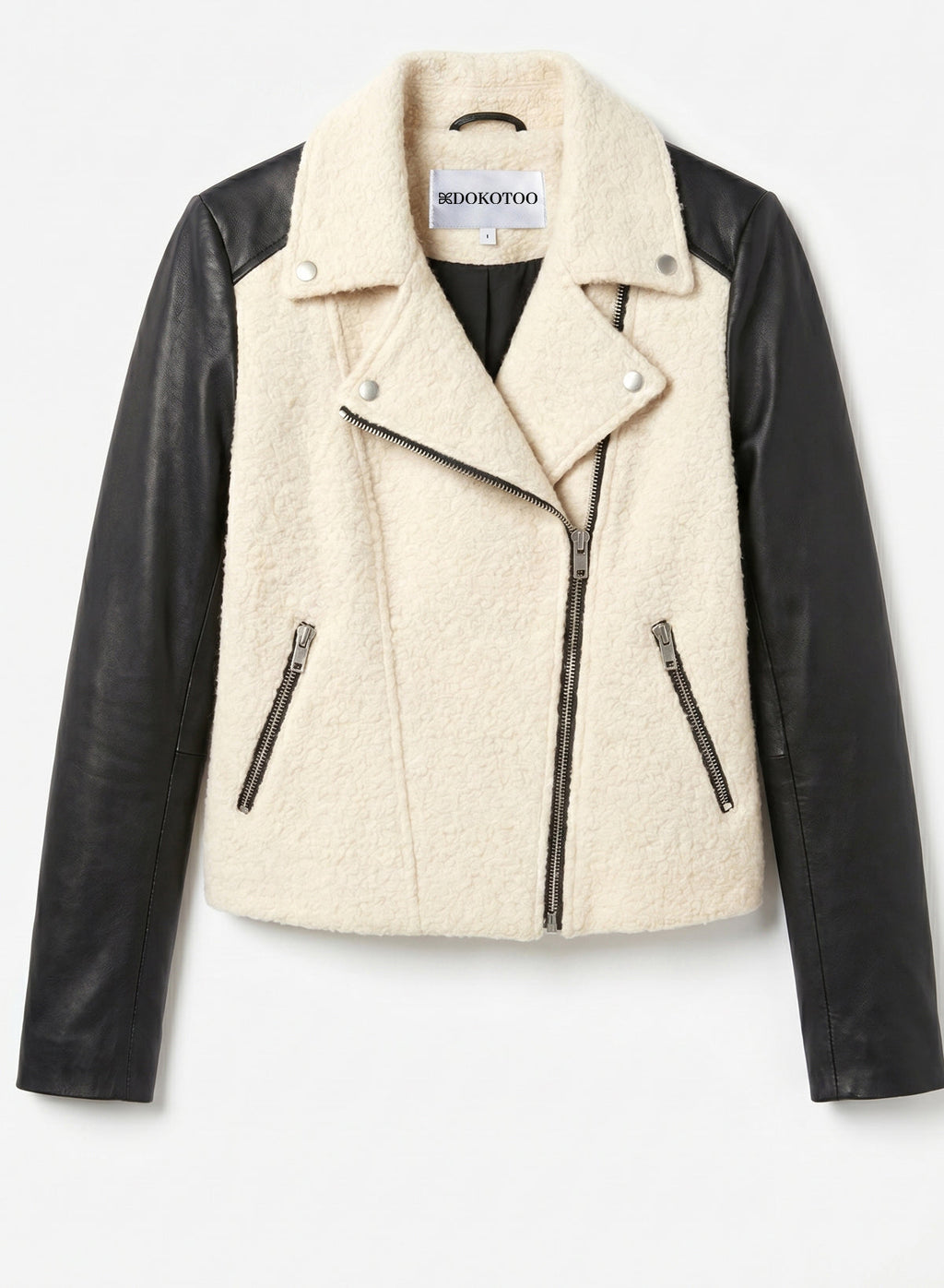 DOKOTOO Women's Sherpa Fleece Moto Jacket with Faux Leather Sleeves, Asymmetrical Zip Biker Coat, Casual Winter Outerwear