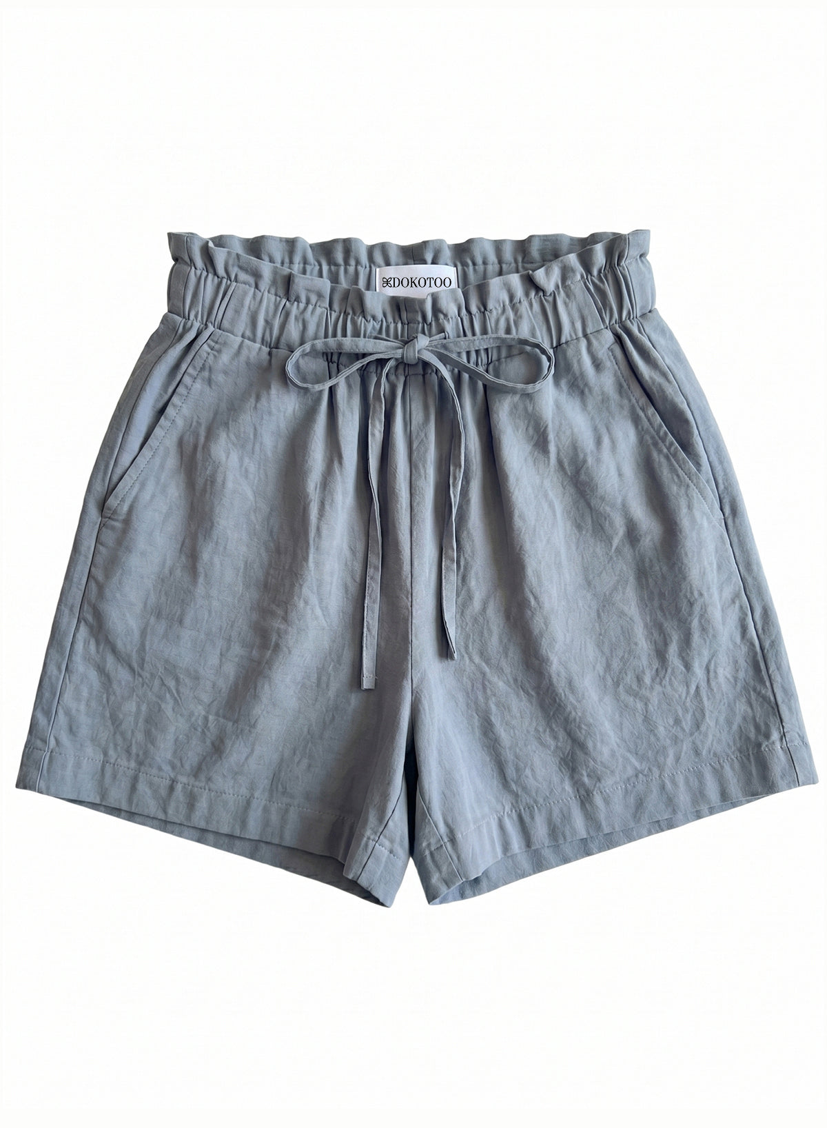 DOKOTOO Women's Dusty Blue Paperbag Waist Linen Shorts, Drawstring High Waisted Casual Summer Shorts with Pockets