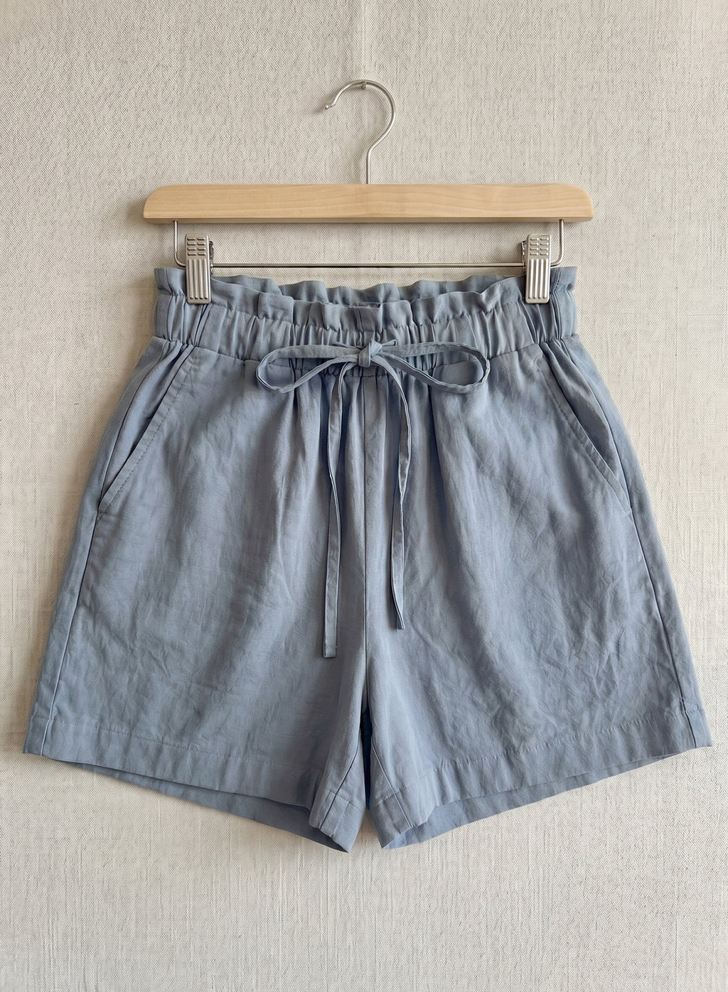 DOKOTOO Women's Dusty Blue Paperbag Waist Linen Shorts, Drawstring High Waisted Casual Summer Shorts with Pockets