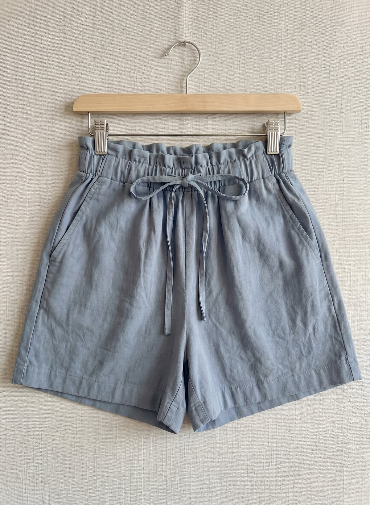DOKOTOO Women's Dusty Blue Paperbag Waist Linen Shorts, Drawstring High Waisted Casual Summer Shorts with Pockets