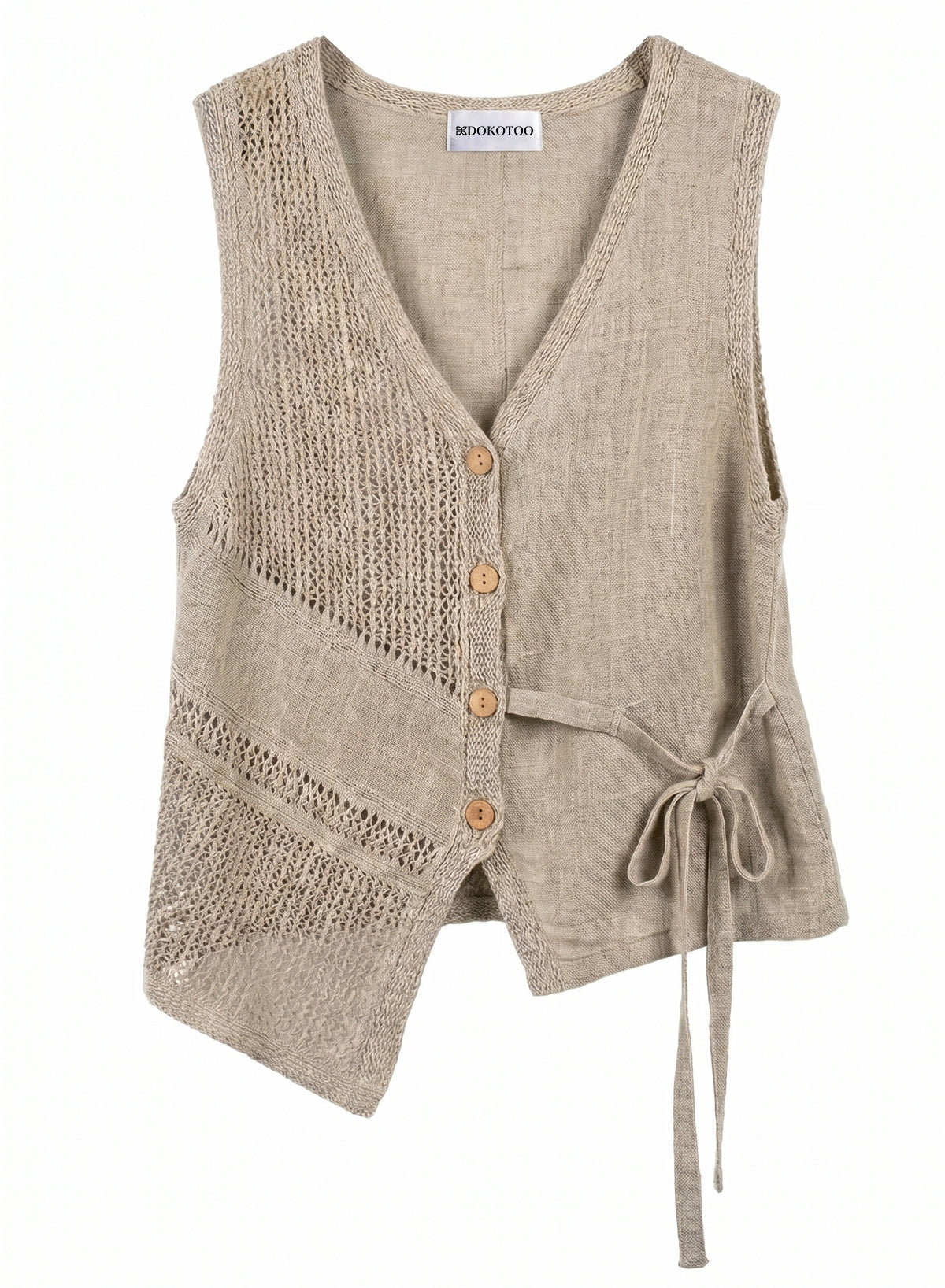 DOKOTOO Women's Linen Crochet Patchwork Vest, V Neck Button Down Sleeveless Waistcoat with Tie, Casual Boho Summer Top