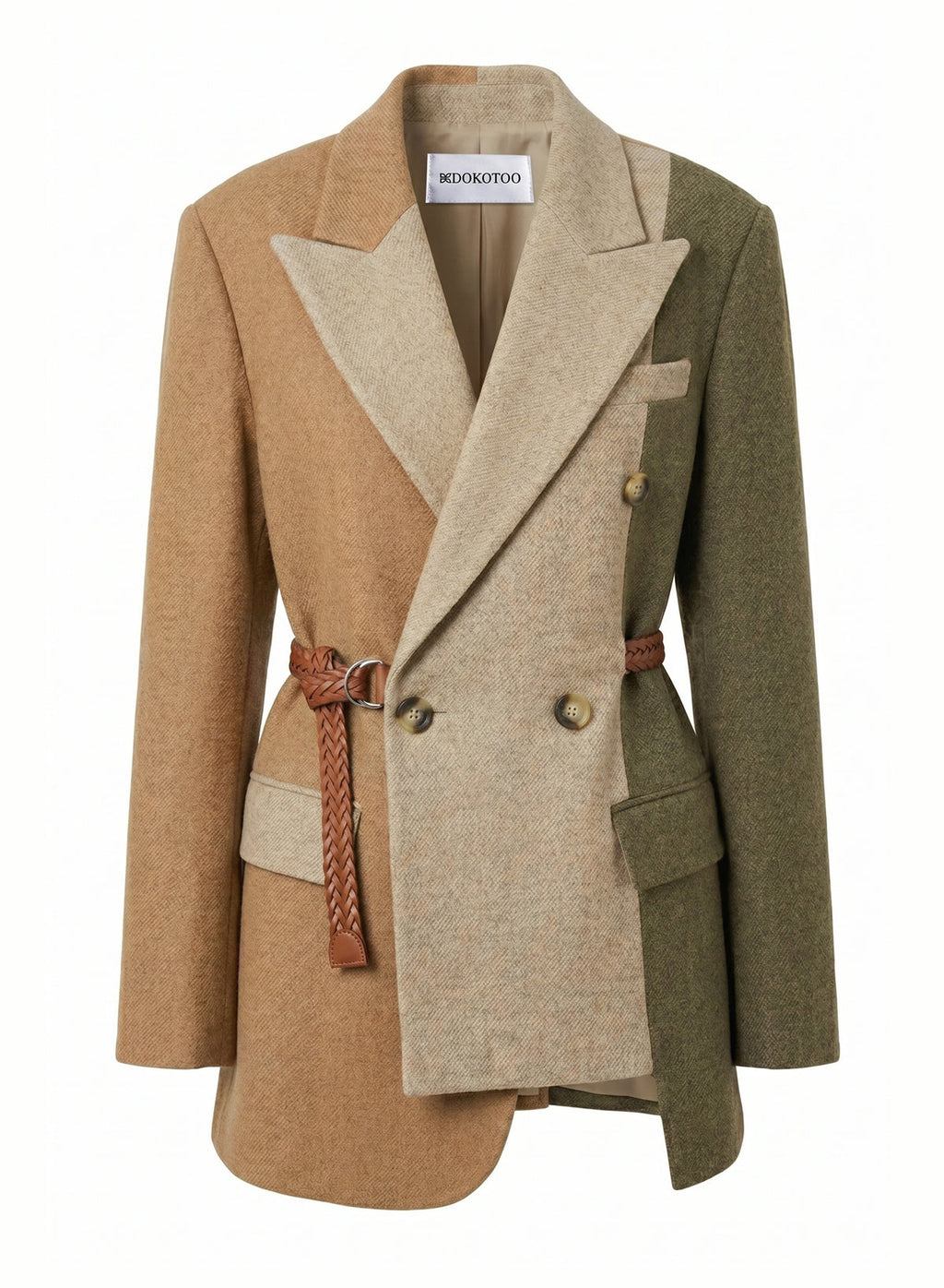 DOKOTOO Women's Color Block Double Breasted Blazer with Belt, Asymmetrical Hem Wool Blend Business Casual Suit Jacket for Office Work
