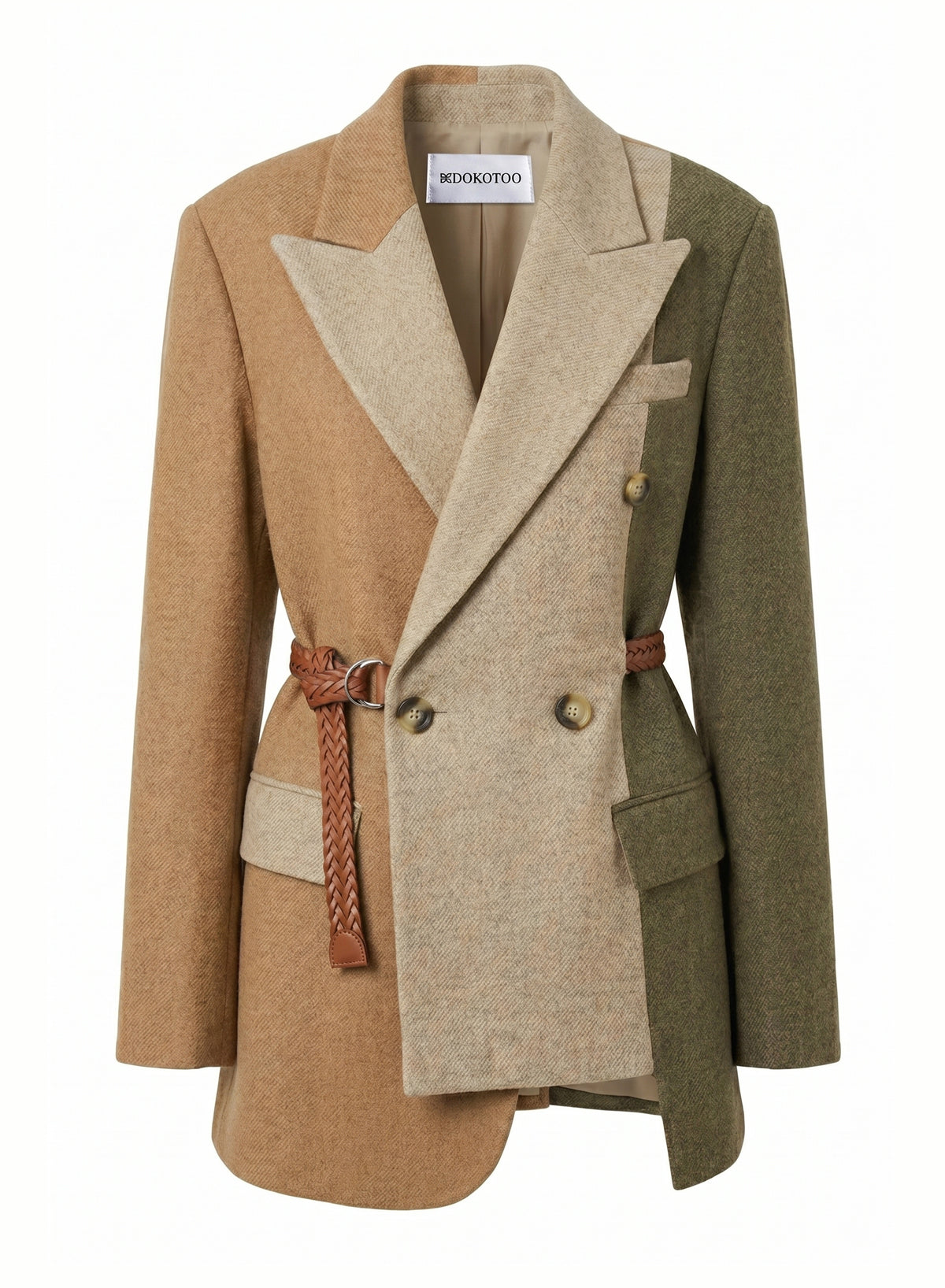 DOKOTOO Women's Color Block Double Breasted Blazer with Belt, Asymmetrical Hem Wool Blend Business Casual Suit Jacket for Office Work